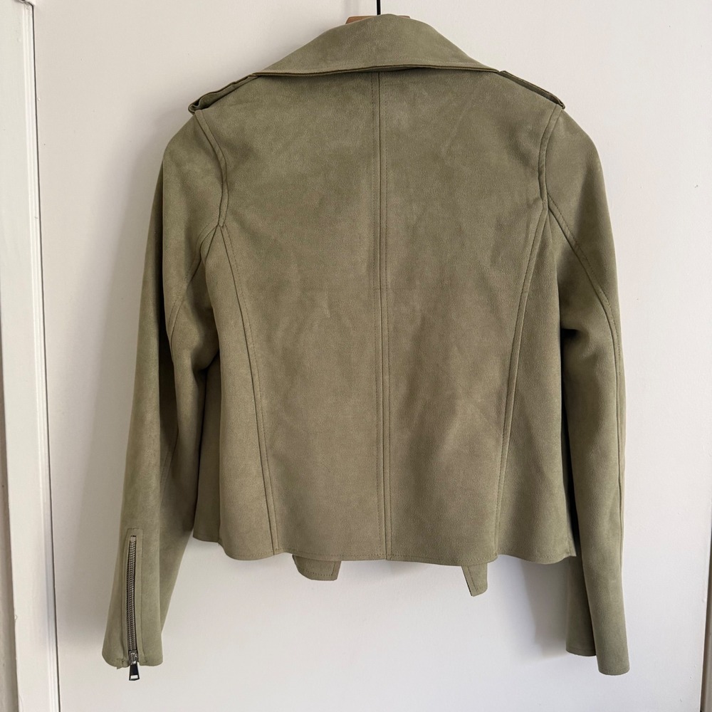 Haute Monde Olive Green Faux Suede Draped Moto Jacket Chic Classy Biker - Picture 3 of 5
